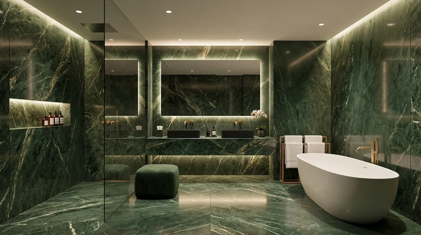 Blend olive tones with earthy neutrals inspiration for a green bathroom.